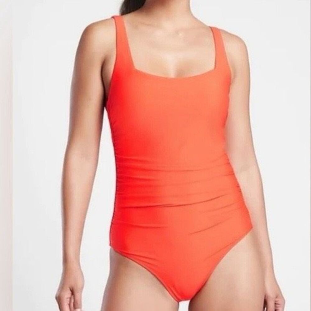 Athleta Orange Square Neck One Piece Swim Ruched Adjustable Mid Coverage Size S